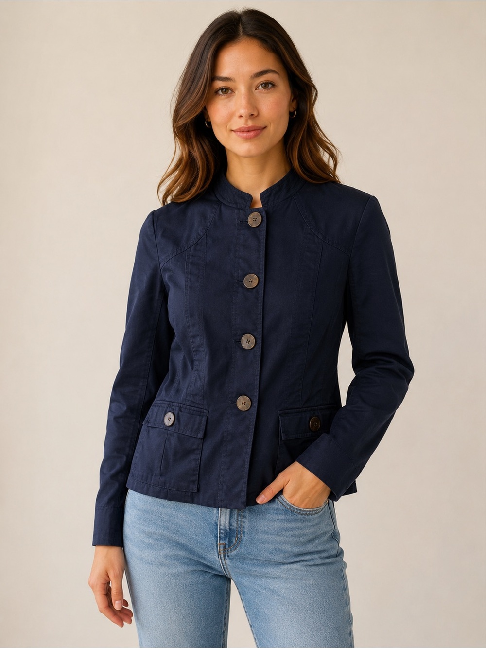 Cotton George Navy Blue Buttoned Jacket
